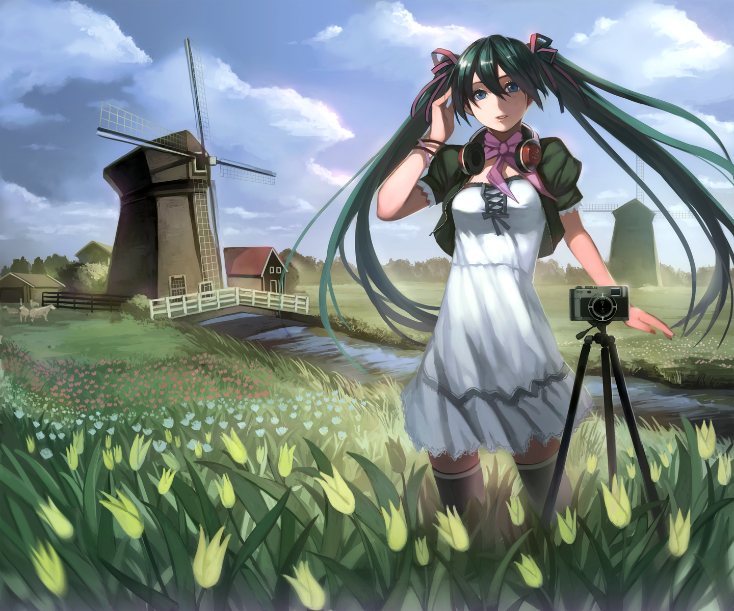 animal, blue_eyes, bow, camera, clouds, dress, flowers, grass