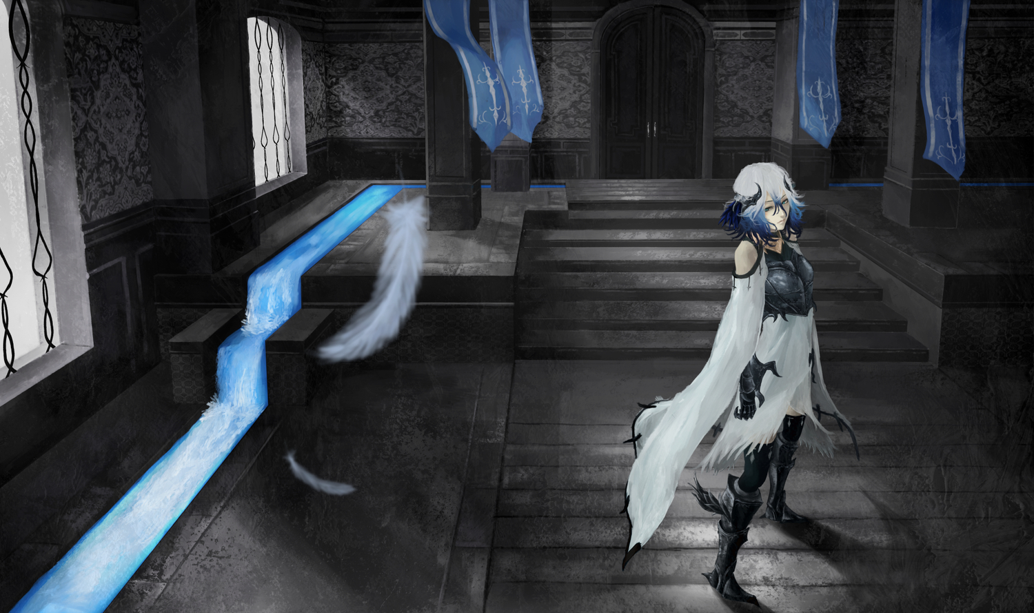 akaikitsune, armor, blue_eyes, blue_hair, boots, building, cape, feathers
