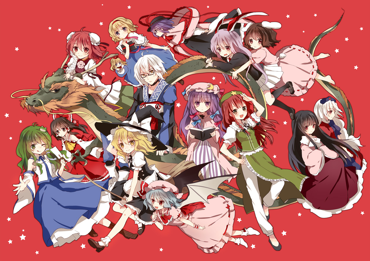 alice_margatroid, animal_ears, book, bunny_ears, bunnygirl, doll, dragon, hakurei_reimu