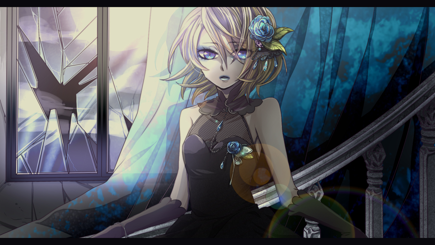 dress, elbow_gloves, flowers, gloves, kagamine_rin, rose, semaru, vocaloid