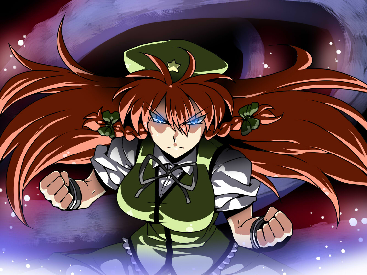 blue_eyes, bow, braids, hat, hong_meiling, long_hair, red_hair, touhou