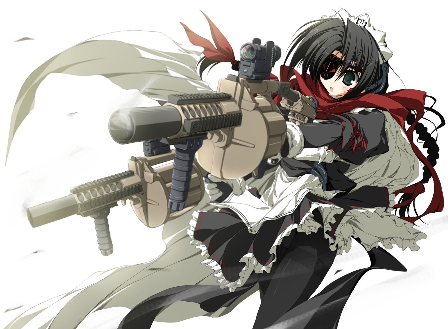 apron, black_hair, eyepatch, green_eyes, gun, long_hair, maid, moekan, moekko_company, n12, panties, pantyhose, ribbons, scarf, suzuri, underwear, weapon, white
