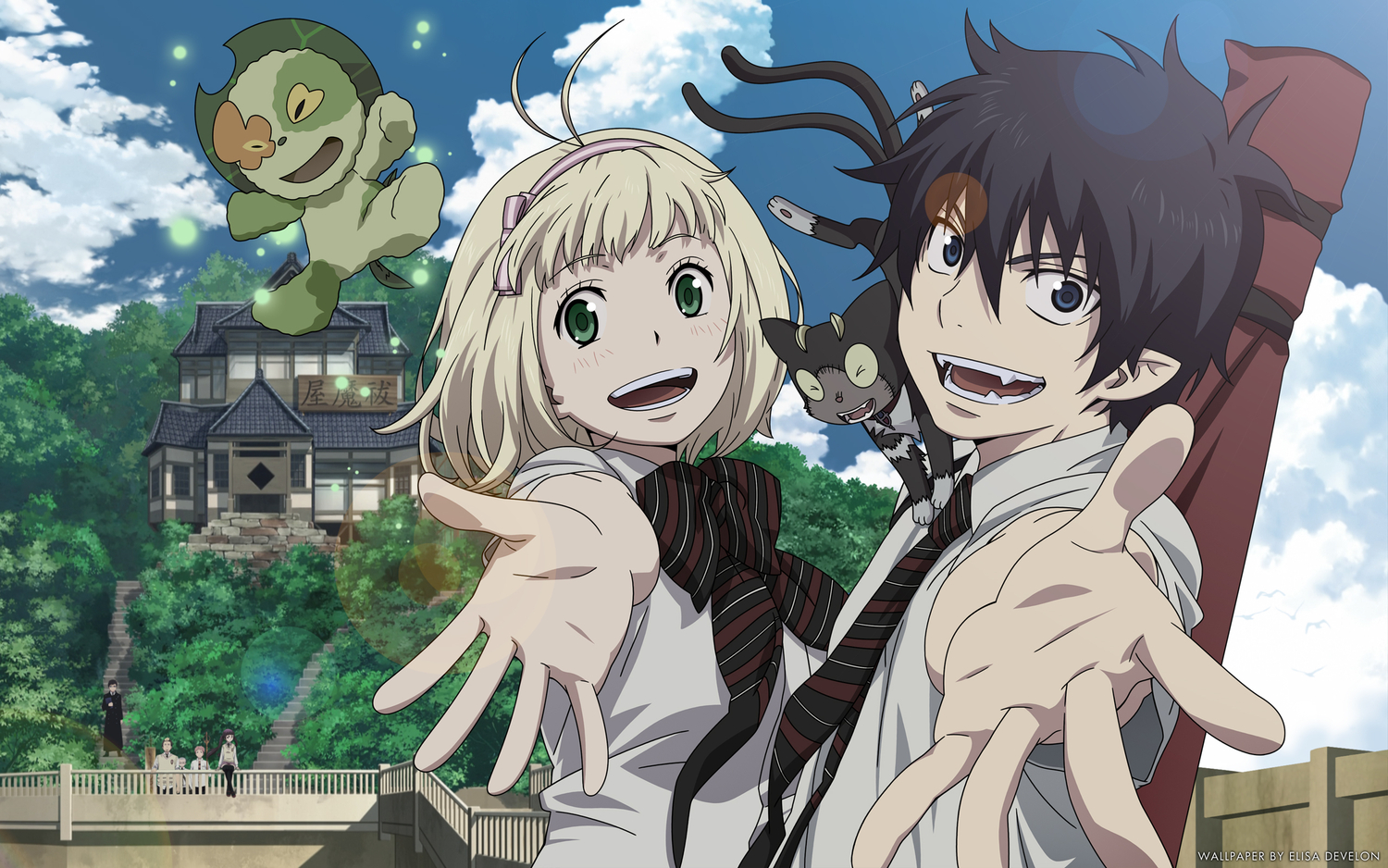 animal, ao_no_exorcist, black_hair, blonde_hair, blue_eyes, bow, clouds, green_eyes