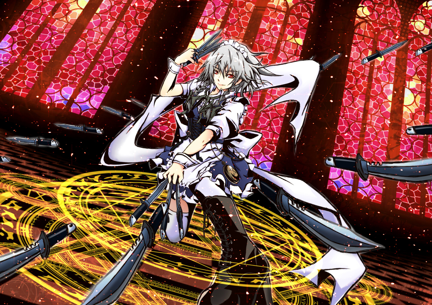 apron, boots, forestss, gray_hair, izayoi_sakuya, knife, maid, red_eyes, thighhighs, touhou, twintails, weapon