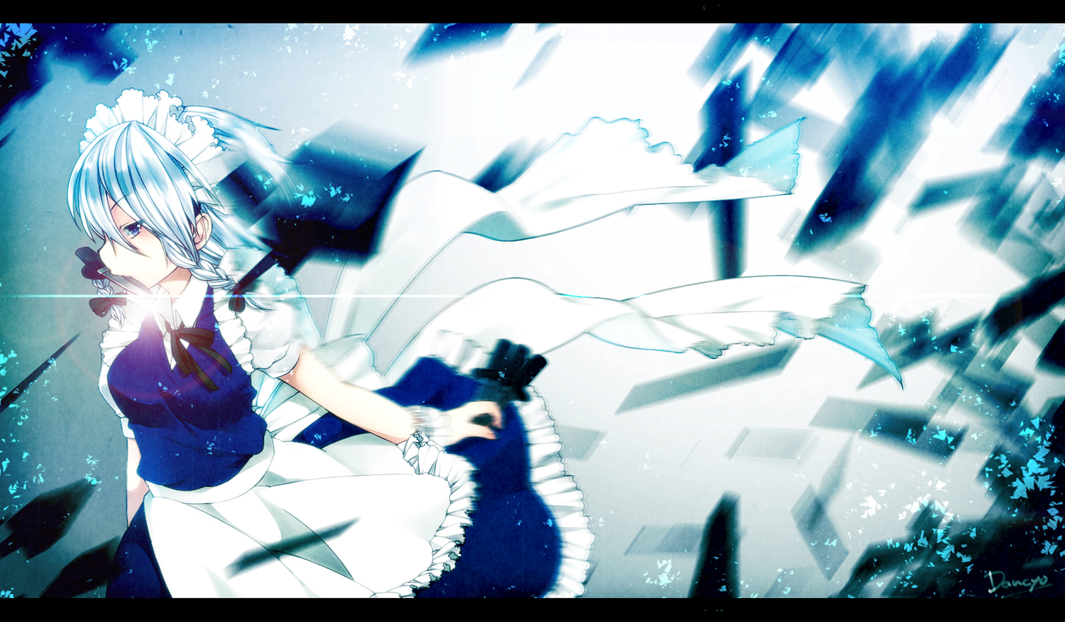 blue_eyes, dancho_(dancyo), gray_hair, izayoi_sakuya, knife, maid, signed, touhou