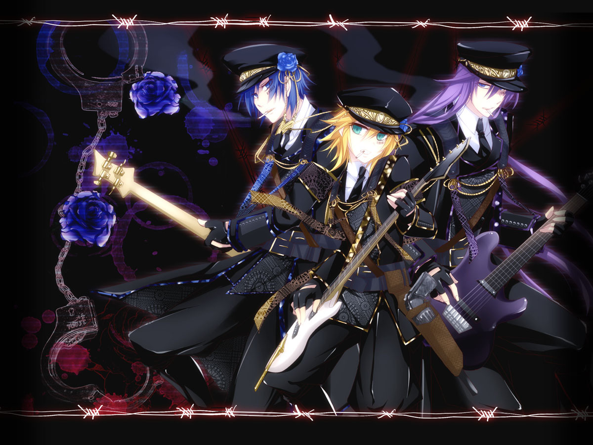 all_male, cigarette, flowers, gloves, guitar, haru_aki, hat, instrument