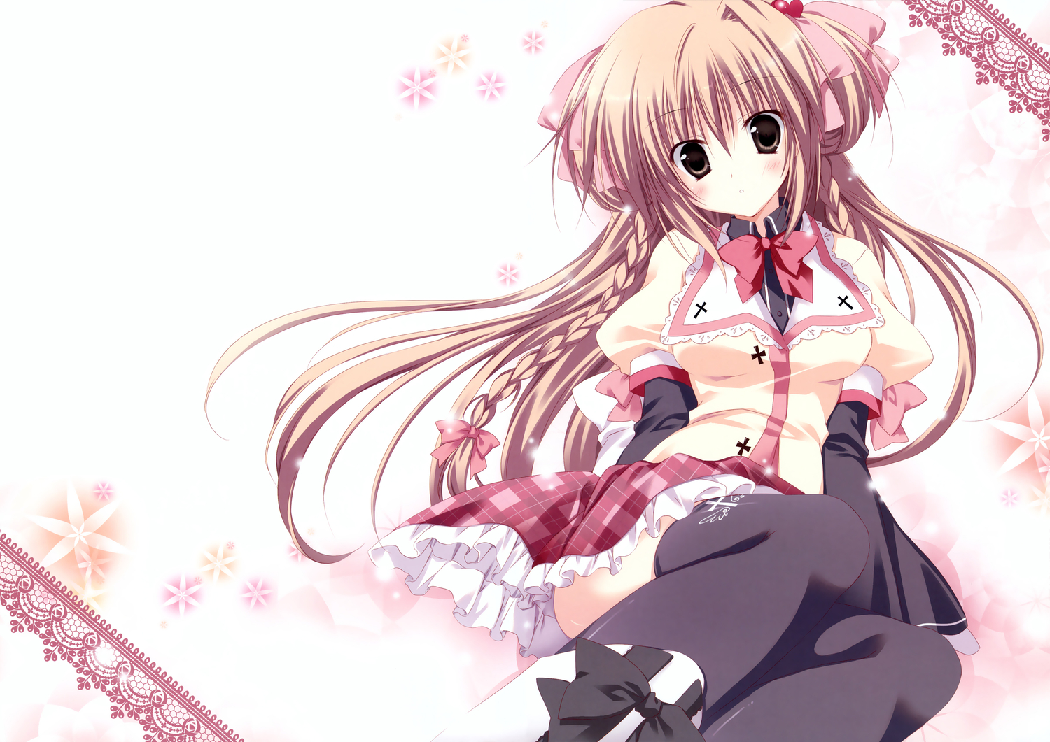 blush, braids, brown_hair, gakuou, konoe_akari, korie_riko, long_hair, school_uniform, thighhighs