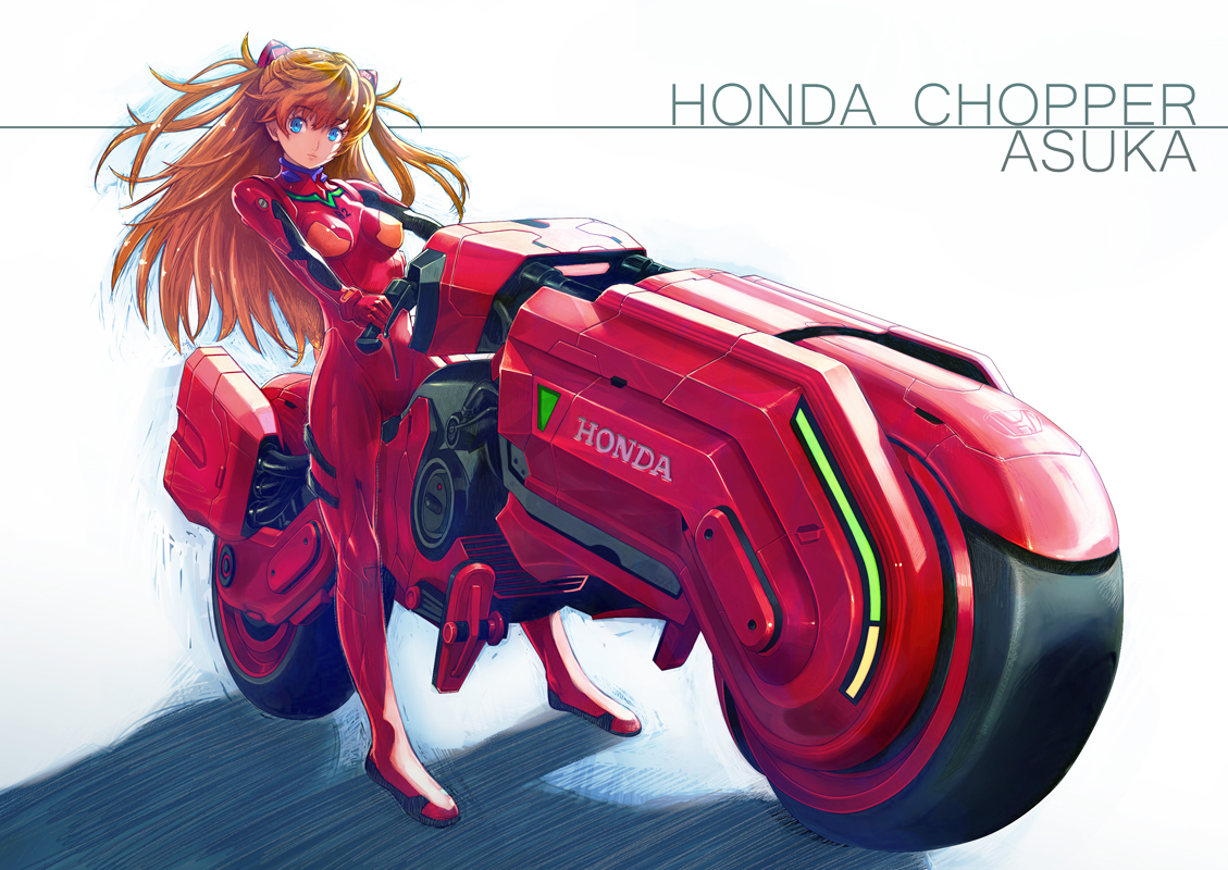 blue_eyes, bodysuit, boyaking, brown_hair, long_hair, motorcycle, neon_genesis_evangelion, skintight, soryu_asuka_langley