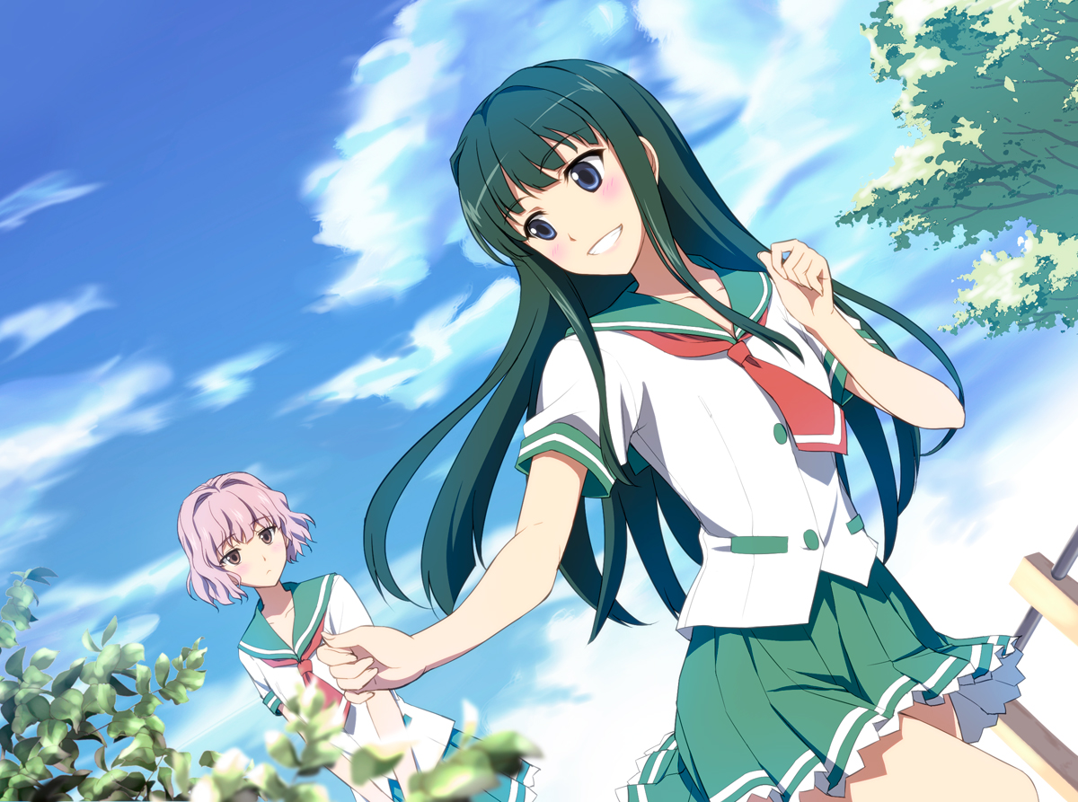 blue_eyes, green_hair, hanaki_yuka, natsuiro_kiseki, school_uniform, tamaki_rinko
