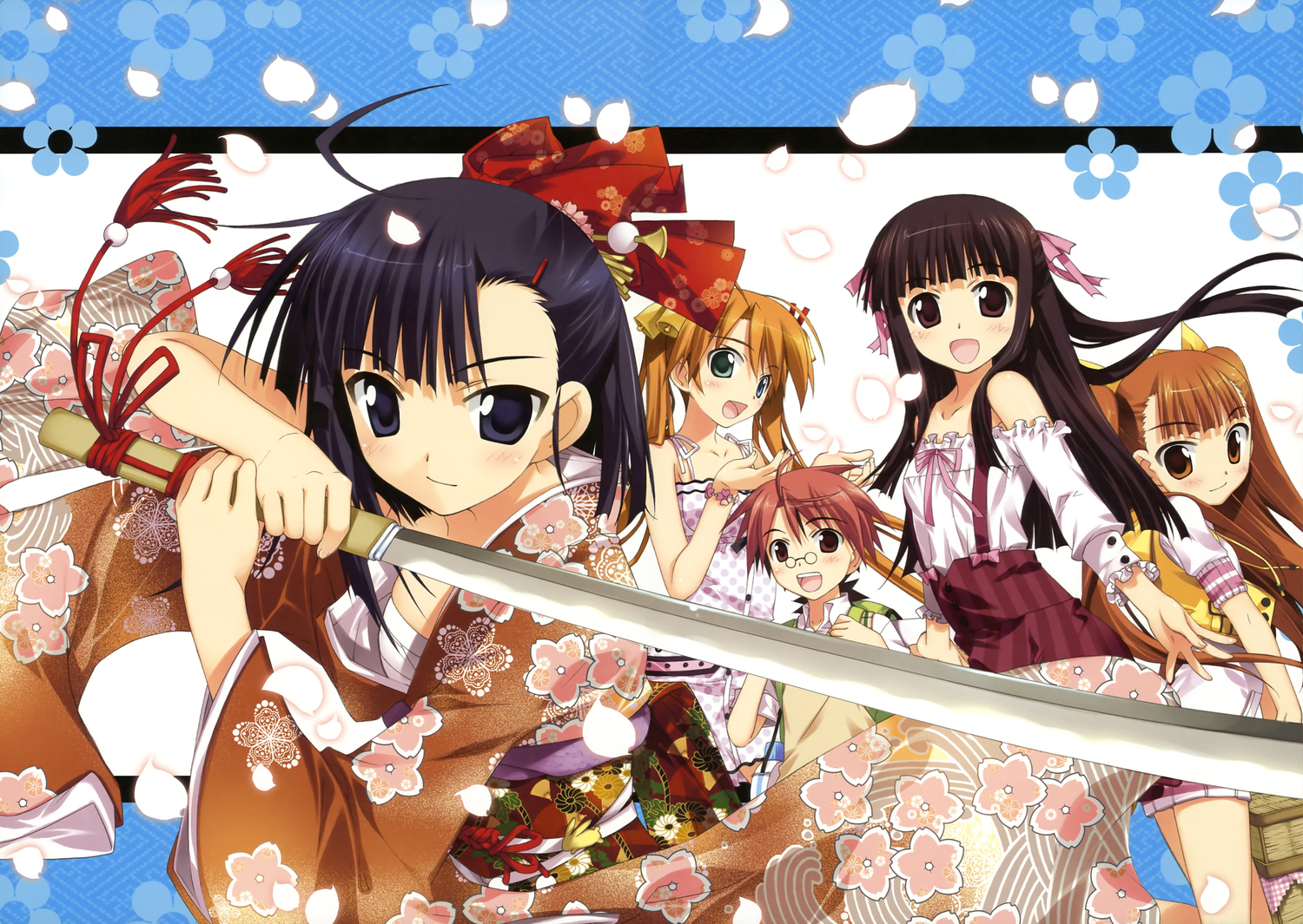 anna_yurievna_cocolova, bell, fujima_takuya, japanese_clothes, kagurazaka_asuna, kimono, konoe_konoka, mahou_sensei_negima, negi_springfield, petals, sakurazaki_setsuna, sword, weapon