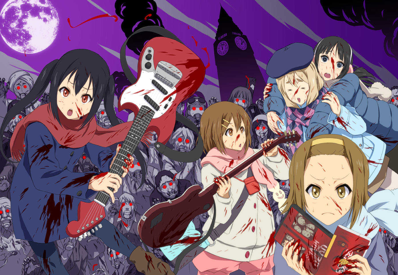 akiyama_mio, black_hair, blonde_hair, blood, blue_eyes, brown_eyes, guitar, hat