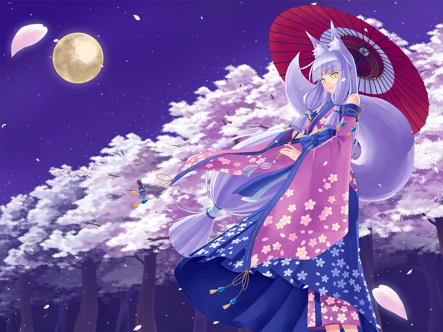 animal_ears, cherry_blossoms, flowers, foxgirl, japanese_clothes, kimono, long_hair, moon, original, seihou, sky, tail, tree, white_hair, yellow_eyes