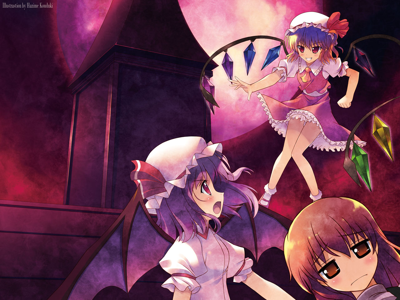 blonde_hair, flandre_scarlet, hijiri_byakuren, kouzuki_hajime, moon, purple_hair, red_eyes, remilia_scarlet