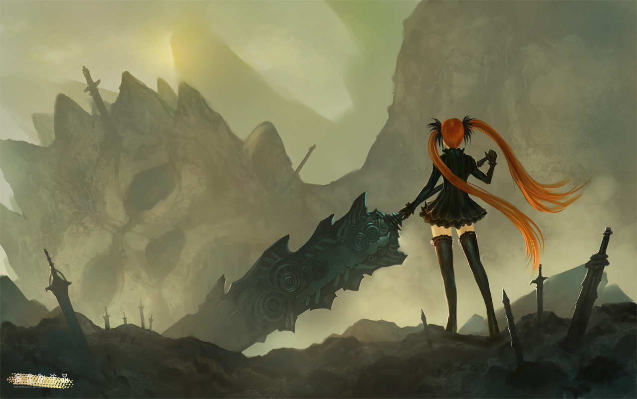 ariverkao, original, sword, thighhighs, twintails, weapon
