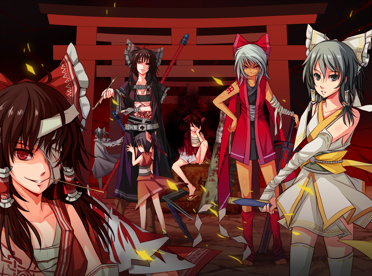 bandage, black_eyes, black_hair, boots, bow, brown_hair, chaos1402, elbow_gloves