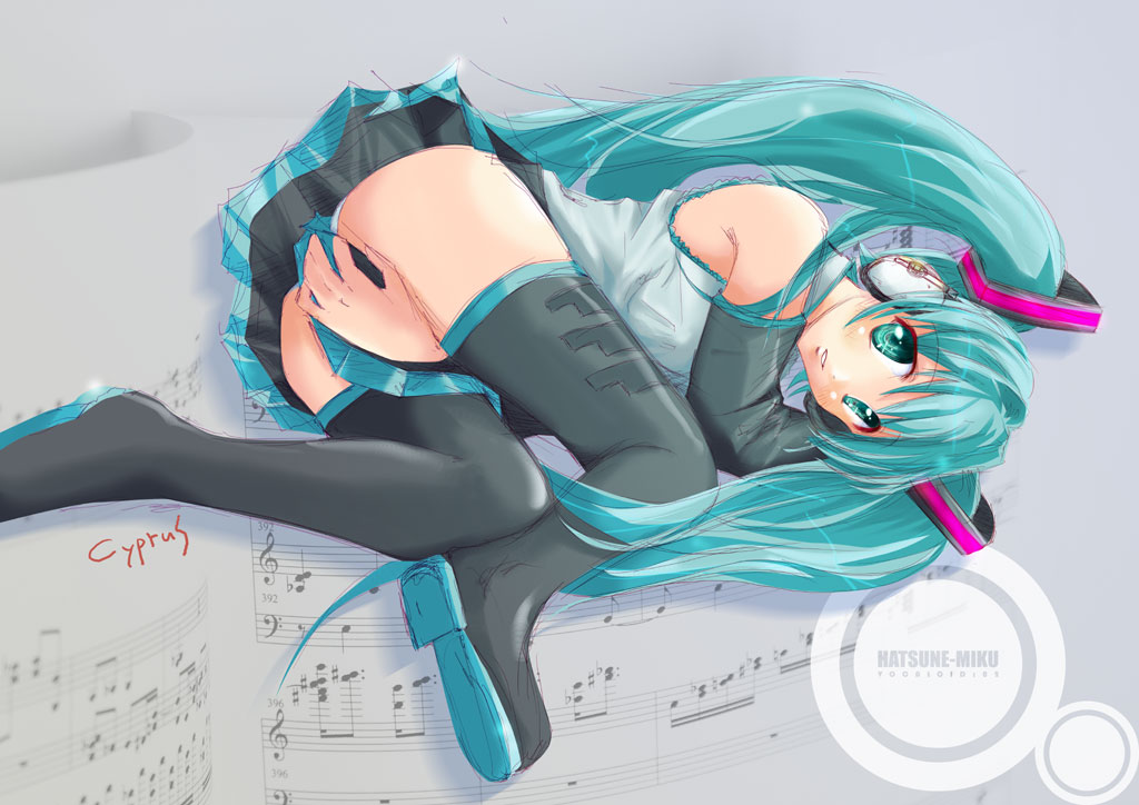 cyprus, hatsune_miku, headphones, thighhighs, tie, twintails, vocaloid