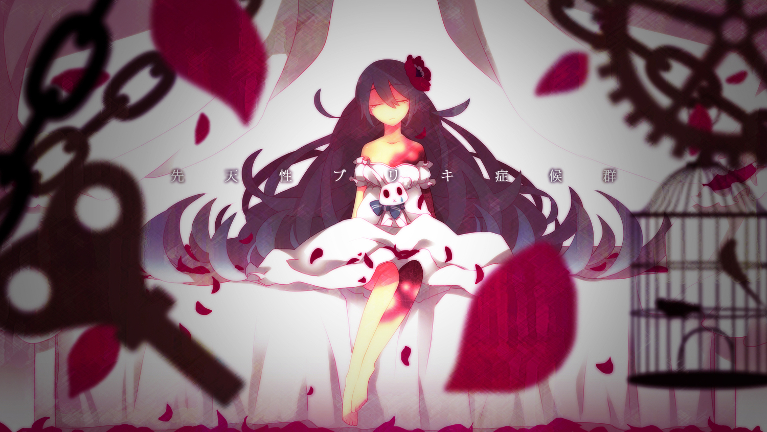 bunny, cage, chain, dress, flowers, hatsune_miku, long_hair, petals