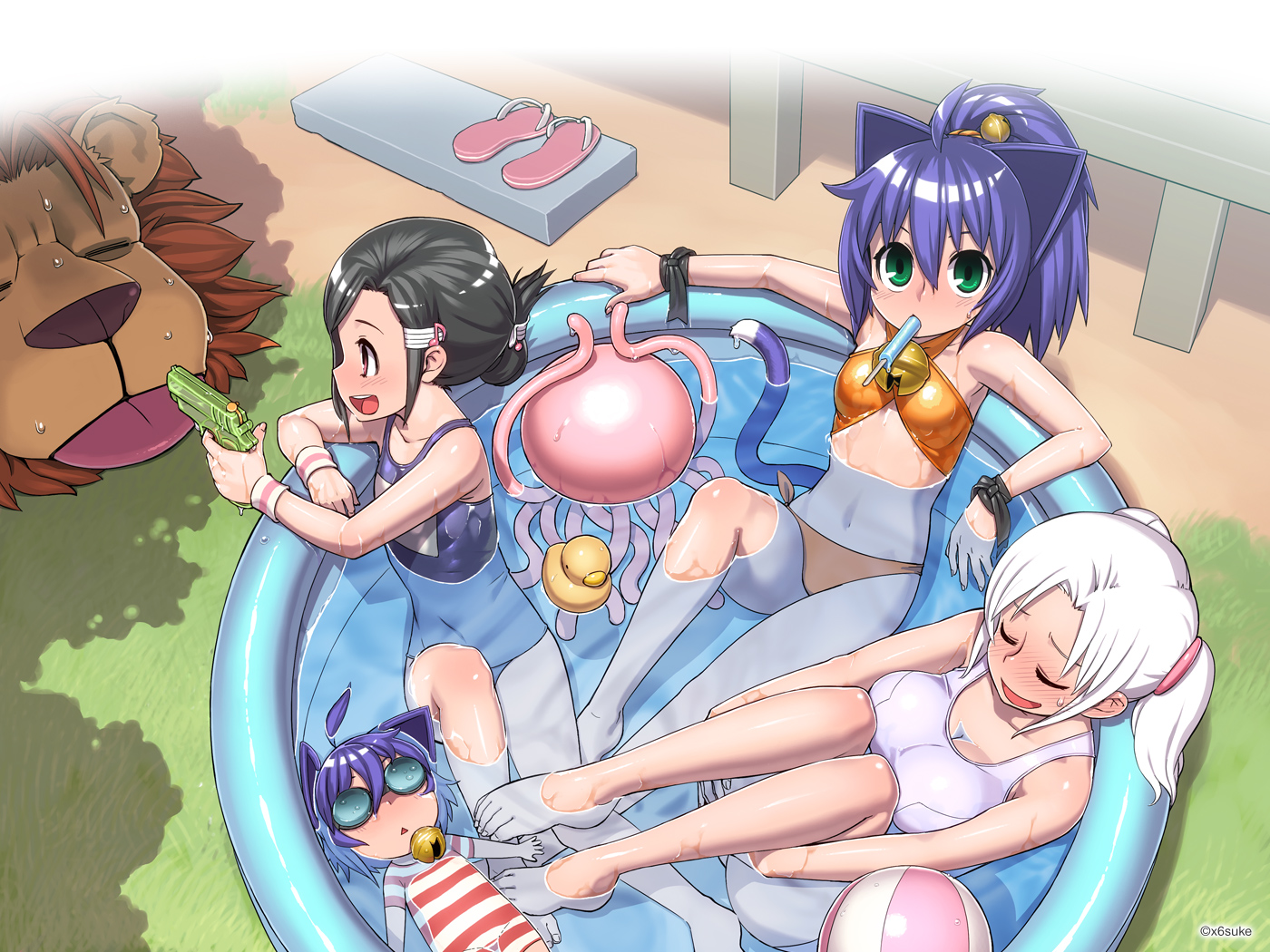 animal, animal_ears, barefoot, bikini, black_hair, breasts, catgirl, cleavage, dark_skin, food, goggles, green_eyes, kyouran_kazoku_nikki, lion, midarezaki_chika, midarezaki_kyouka, midarezaki_teika, midarezaki_yuuka, navel, pool, popsicle, purple_hair, school_swimsuit, swimsuit, tail, water, watermark, wet, white_hair, x6suke