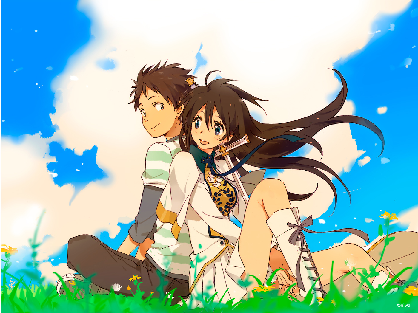 boots, grass, long_hair, niwa, sword, weapon