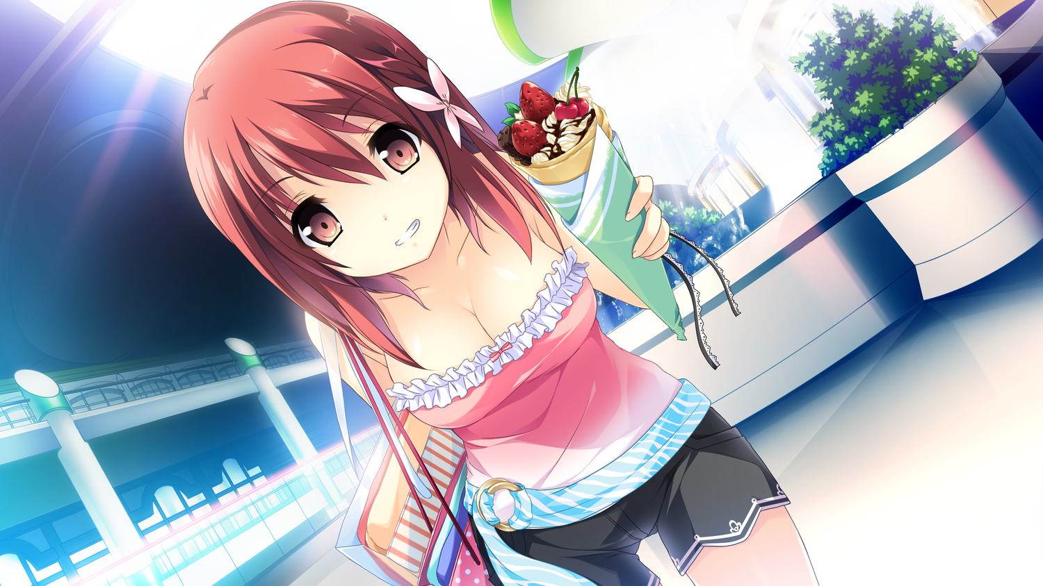 breasts, cleavage, game_cg, himegi_ageha, kono_oozora_ni_tsubasa_wo_hirogete, short_hair