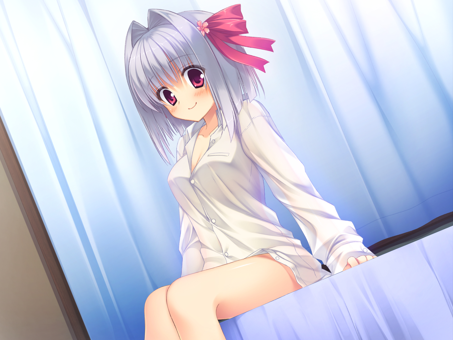 blush, game_cg, gray_hair, red_eyes, ribbons, saejima_momo, sakura_no_reply