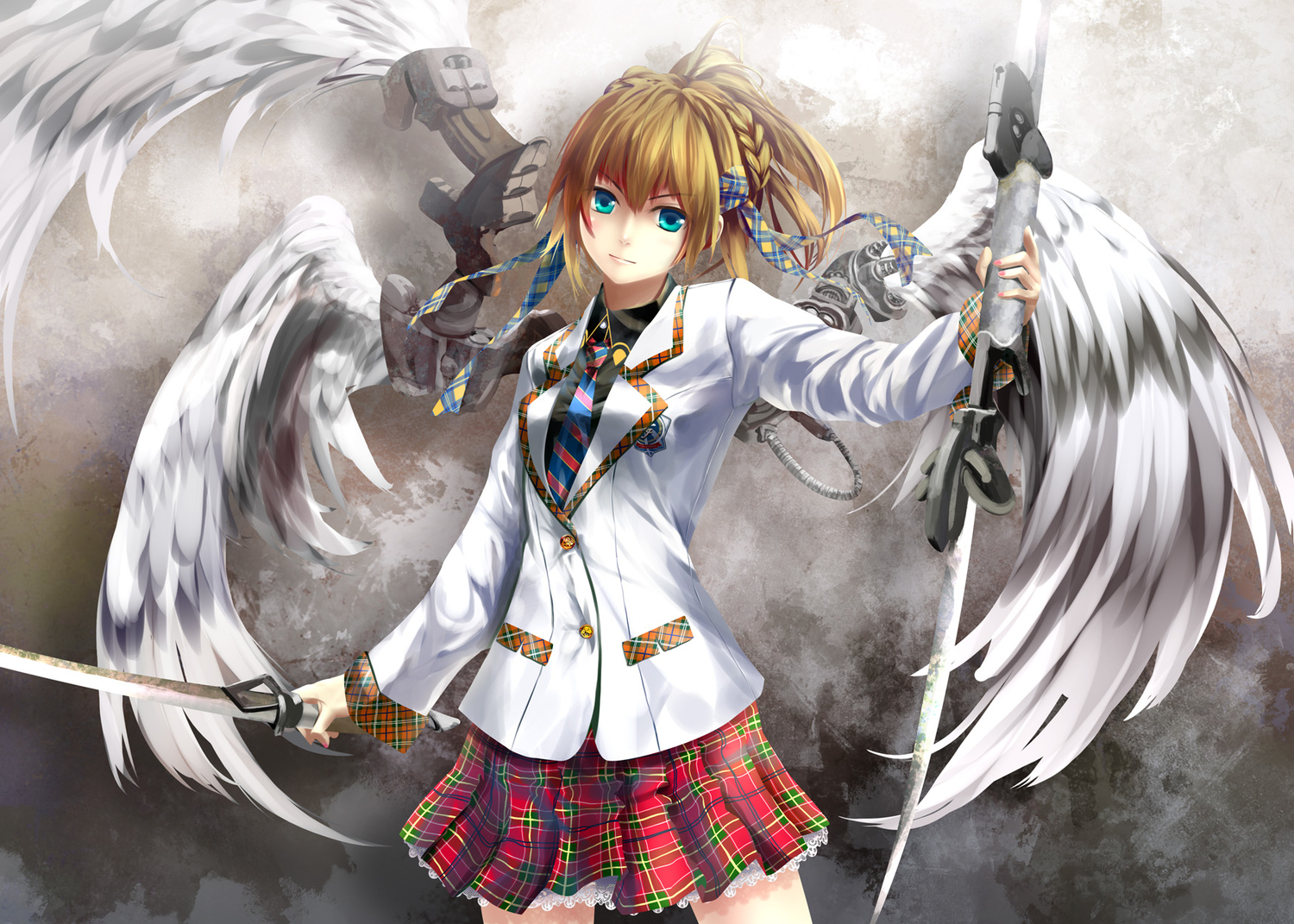 aqua_eyes, blonde_hair, braids, gray, kouji_(astral_reverie), original, school_uniform, sword
