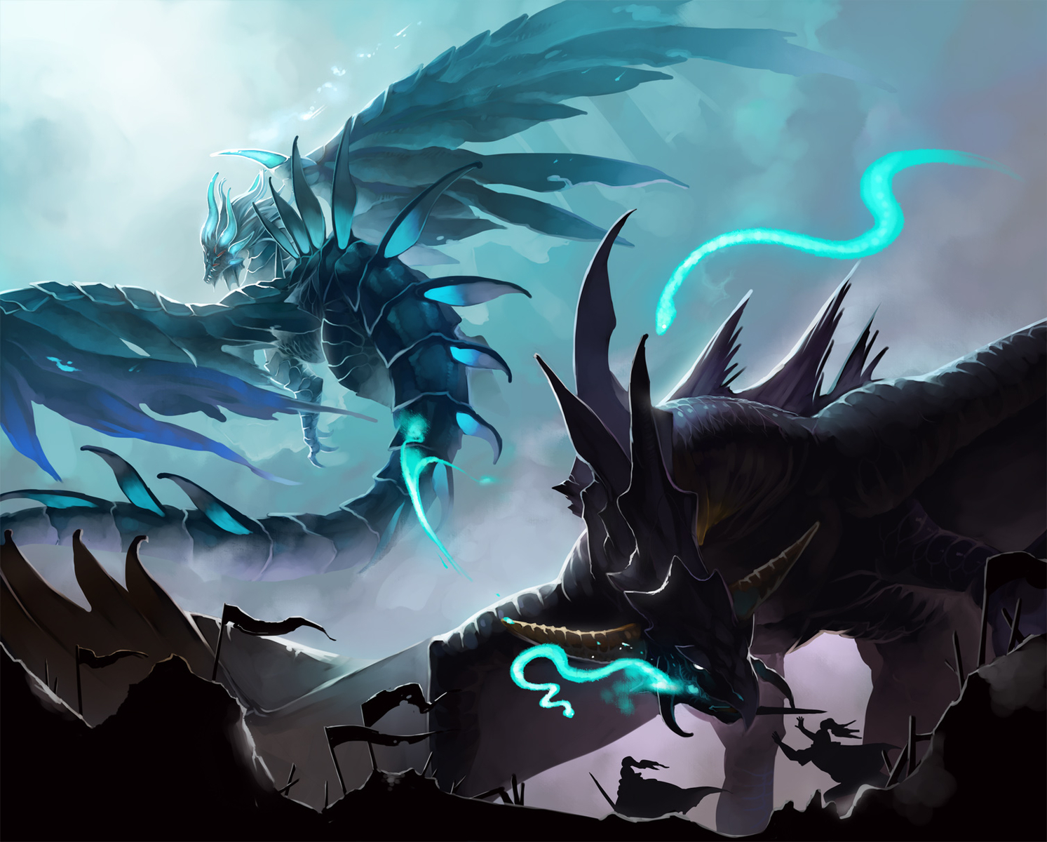cape, dragon, original, pixiv_fantasia, silhouette, yuzu_shio