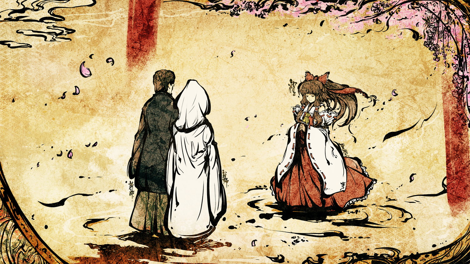 bow, brown_eyes, brown_hair, cherry_blossoms, dress, flowers, hakurei_reimu, japanese_clothes