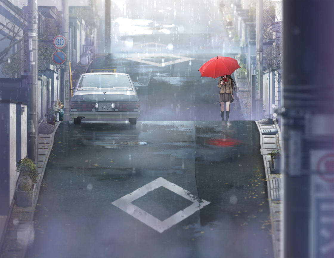 aozaki_aoko, building, car, city, game_cg, kneehighs, koyama_hirokazu, long_hair