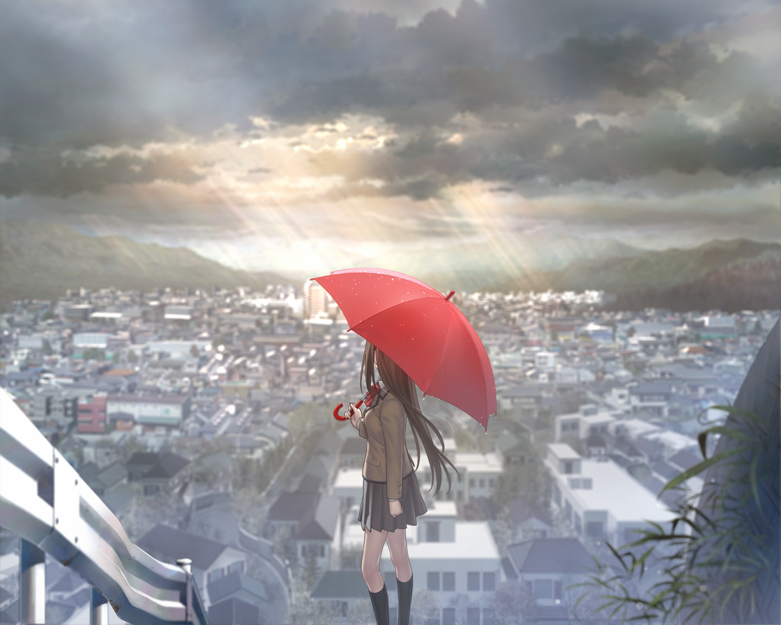 aozaki_aoko, building, city, clouds, game_cg, koyama_hirokazu, long_hair, mahou_tsukai_no_yoru, scenic, school_uniform, sky, umbrella