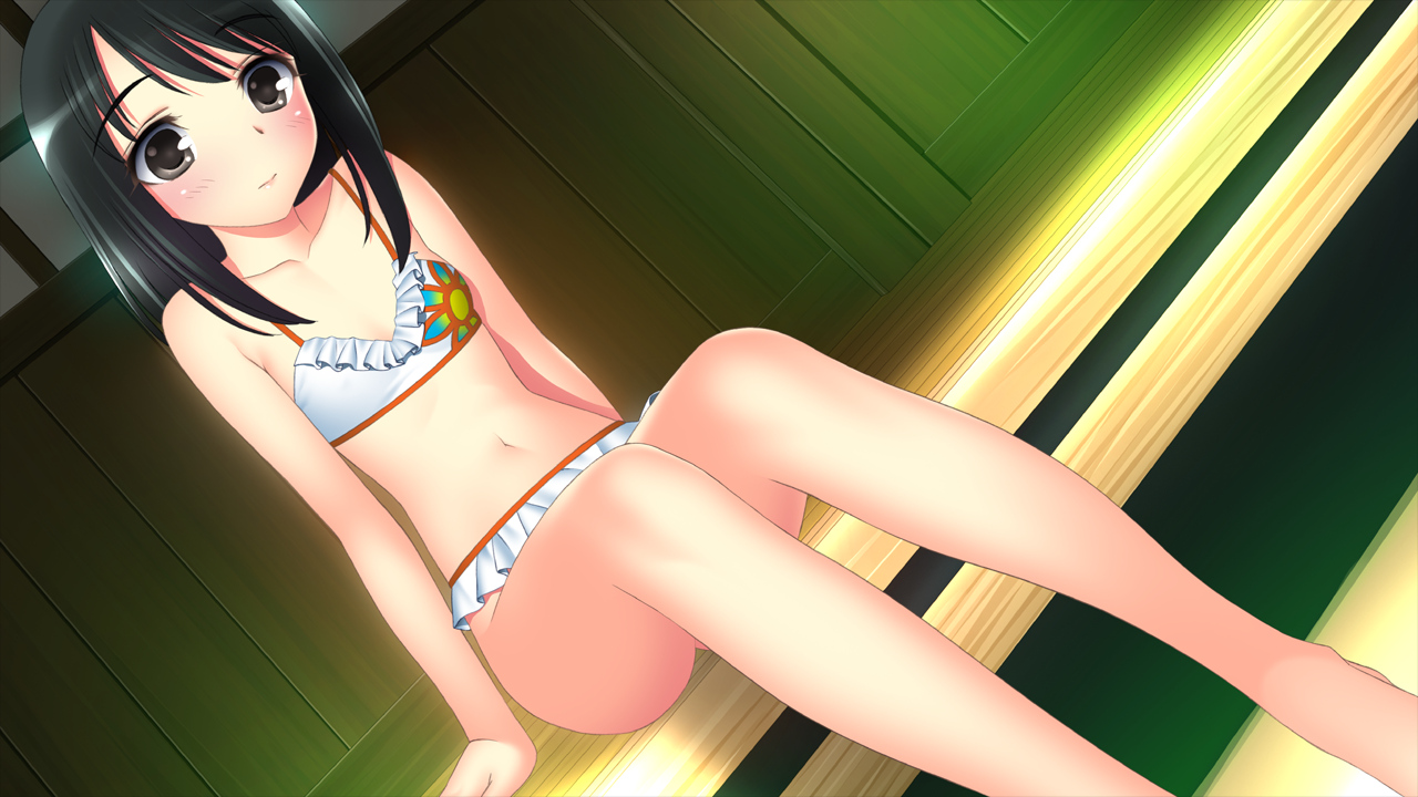 aina, aina_(character), barefoot, bikini, black_hair, blush, game_cg, swimsuit, takahashi_record