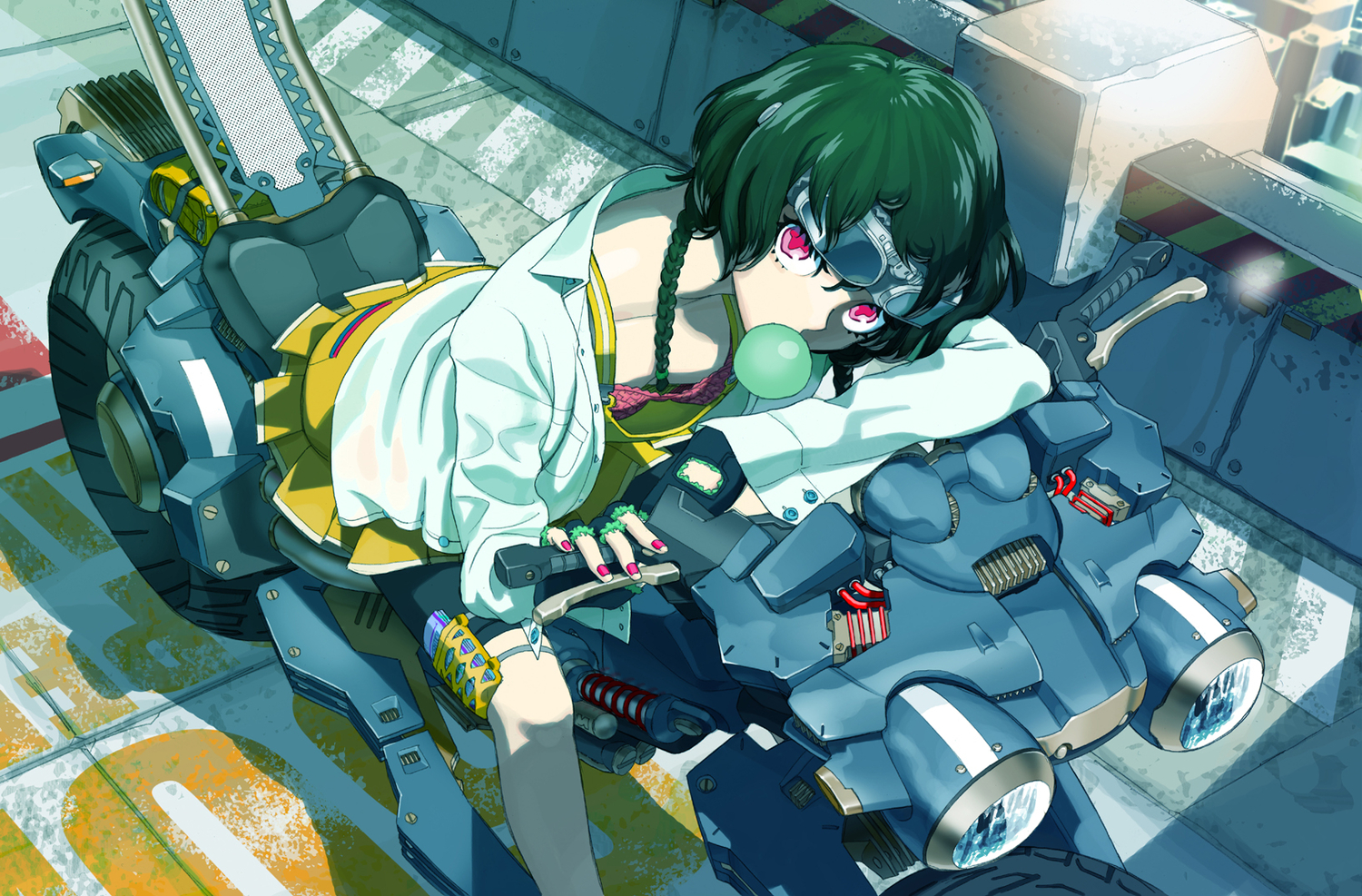 candy, city, gloves, goggles, green_hair, kimura_3104, motorcycle, original, pink_eyes, skirt, twintails