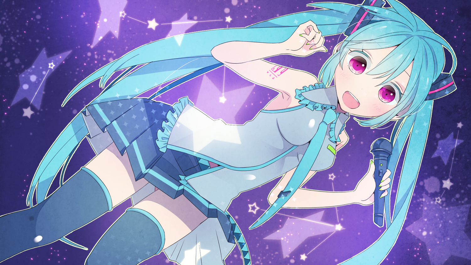 6_(roku), hatsune_miku, microphone, pink_eyes, stars, vocaloid