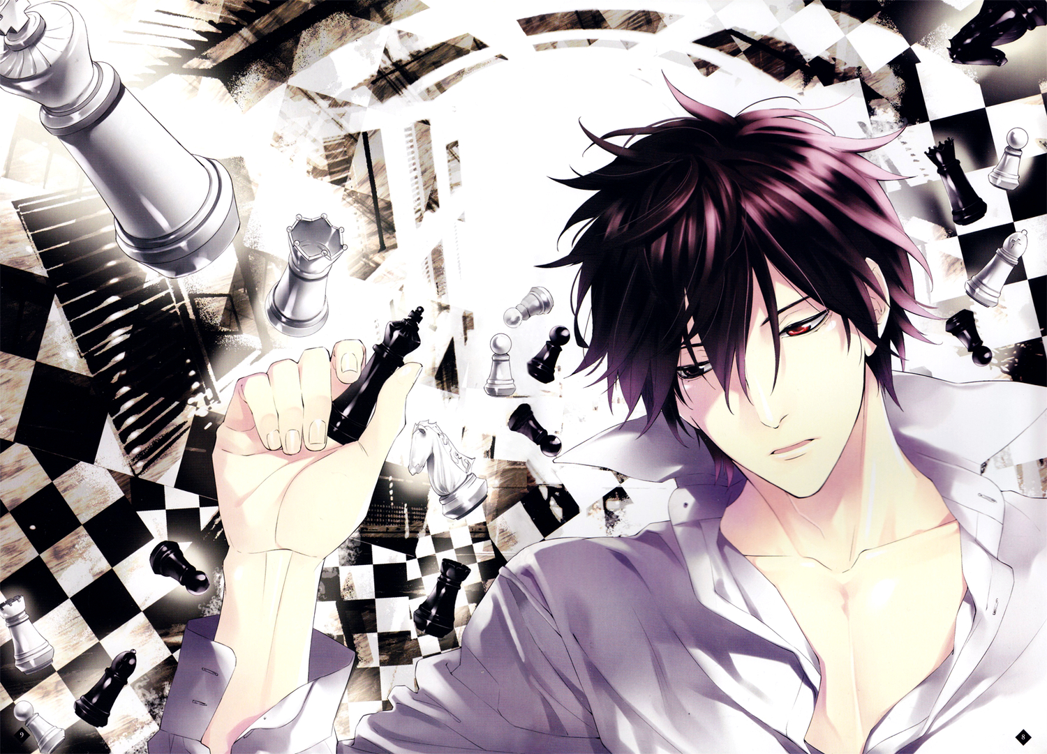 all_male, bicolored_eyes, brown_hair, male, oda_suzuka, open_shirt, saitou_yakumo, scan