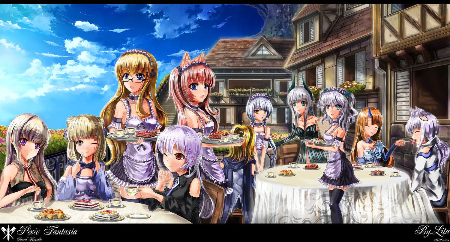animal_ears, aqua_eyes, bicolored_eyes, blonde_hair, blue_eyes, brown_hair, cake, choker