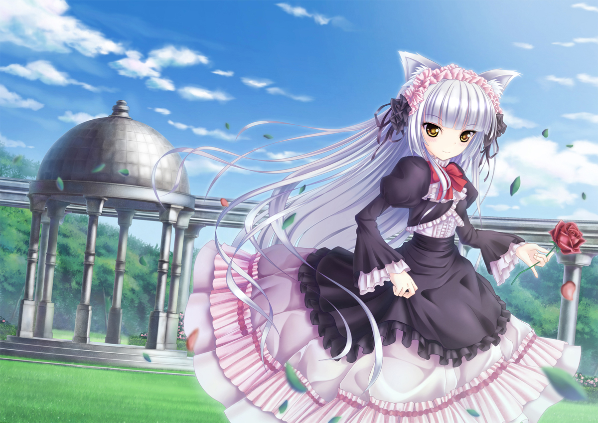 animal_ears, clouds, dress, flowers, lolita_fashion, long_hair, natsuin, original, petals, ribbons, rose, sky, tree, white_hair, yellow_eyes