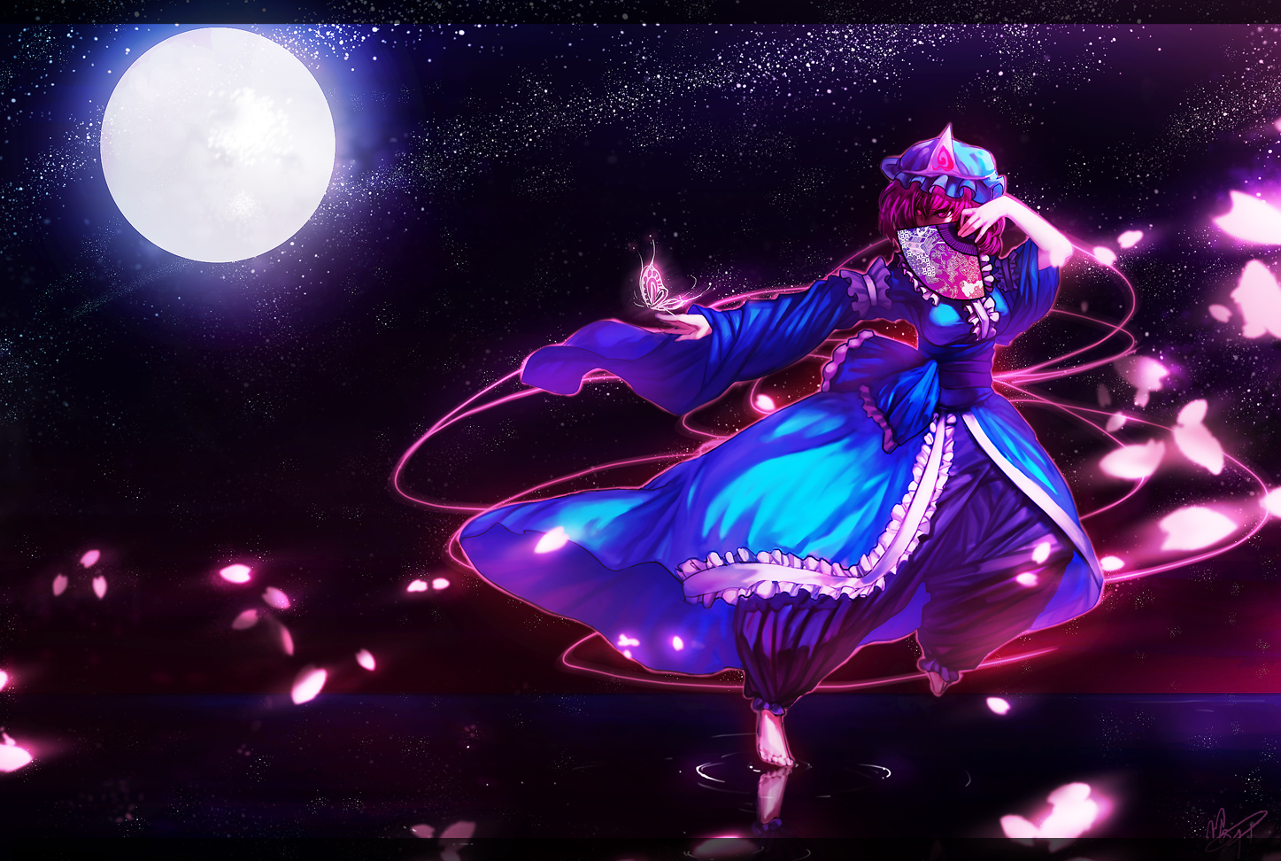 barefoot, butterfly, cherry_blossoms, flowers, hat, moon, night, petals