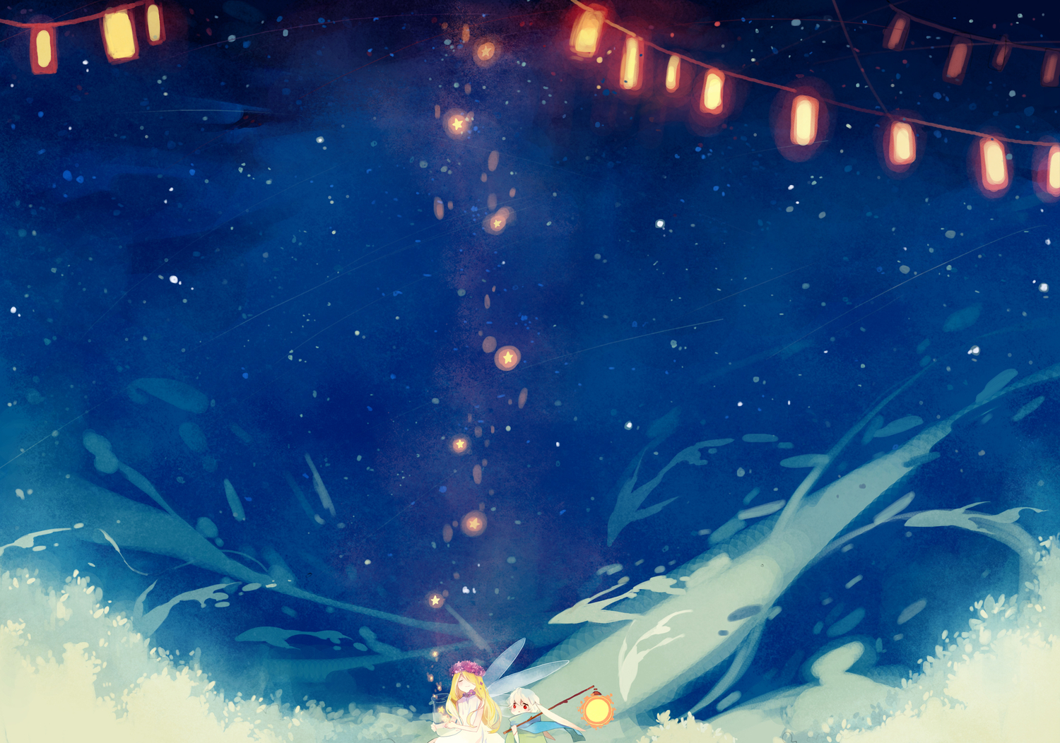 blonde_hair, fairy, flowers, forest, kyang692, long_hair, night, original