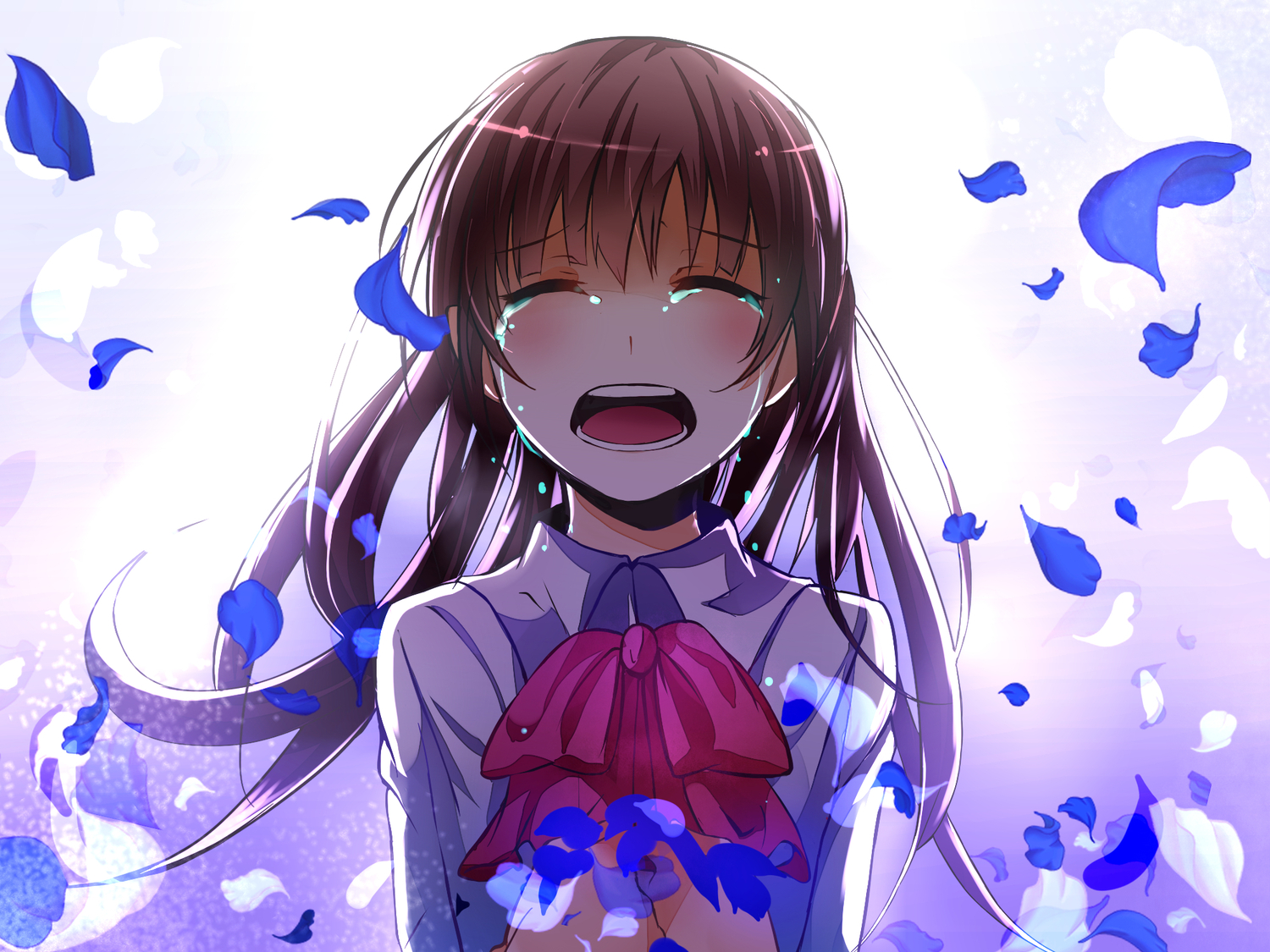 blush, bow, brown_hair, close, ib, ib_(ib), long_hair, petals, qitoli, tears