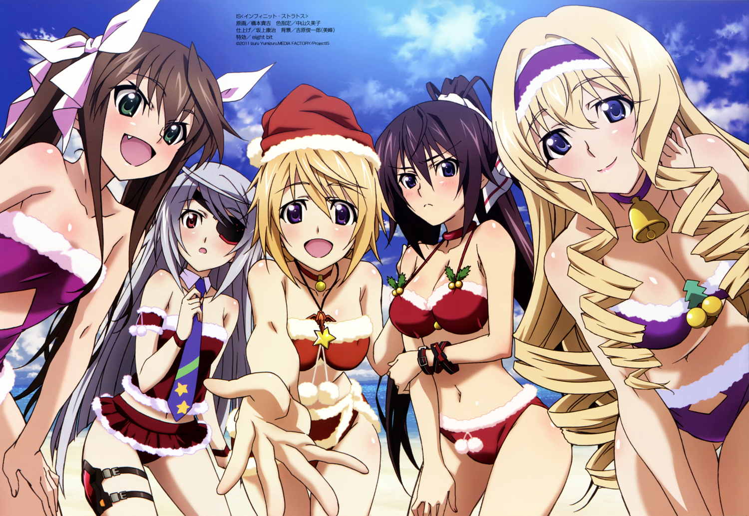 beach, bikini, black_hair, blonde_hair, blue_eyes, blush, breasts, brown_hair