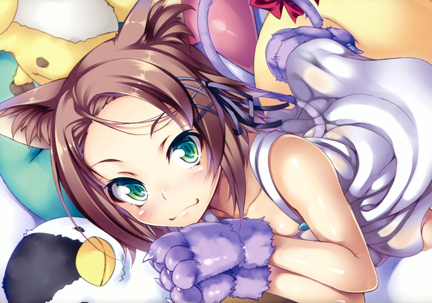 accel_world, animal, animal_ears, bird, blush, brown_hair, catgirl, cat_smile, gloves, green_eyes, ichijou_hitoshi, kurashima_chiyuri, penguin, ribbons, short_hair, tail