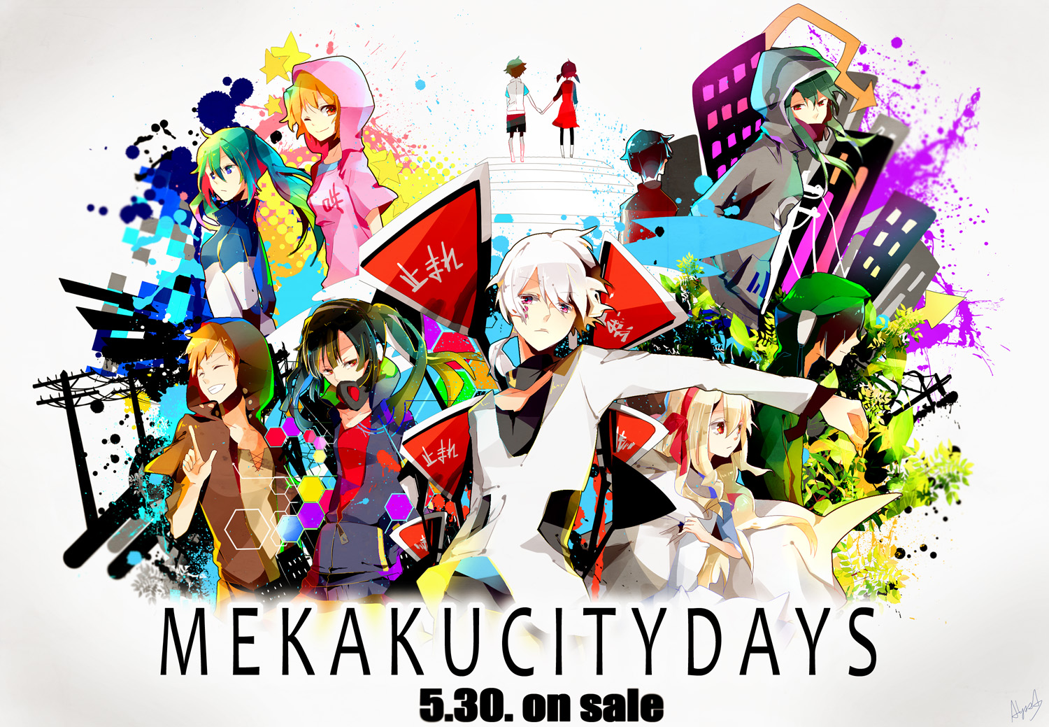 alyssa718, amamiya_hibiya, artificial_enemy_(vocaloid), asahina_hiyori, black_hair, blonde_hair, blue_eyes, ene_(kagerou_project)