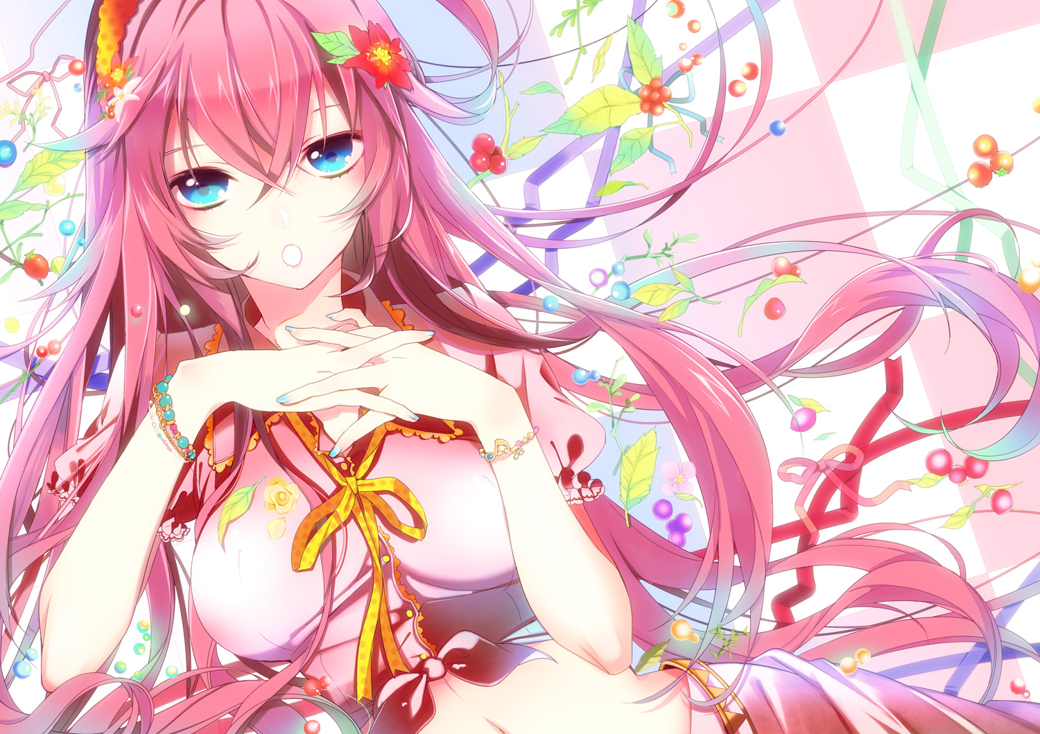 blue_eyes, flowers, long_hair, manya_(mohu_is-mine), megurine_luka, pink_hair, vocaloid