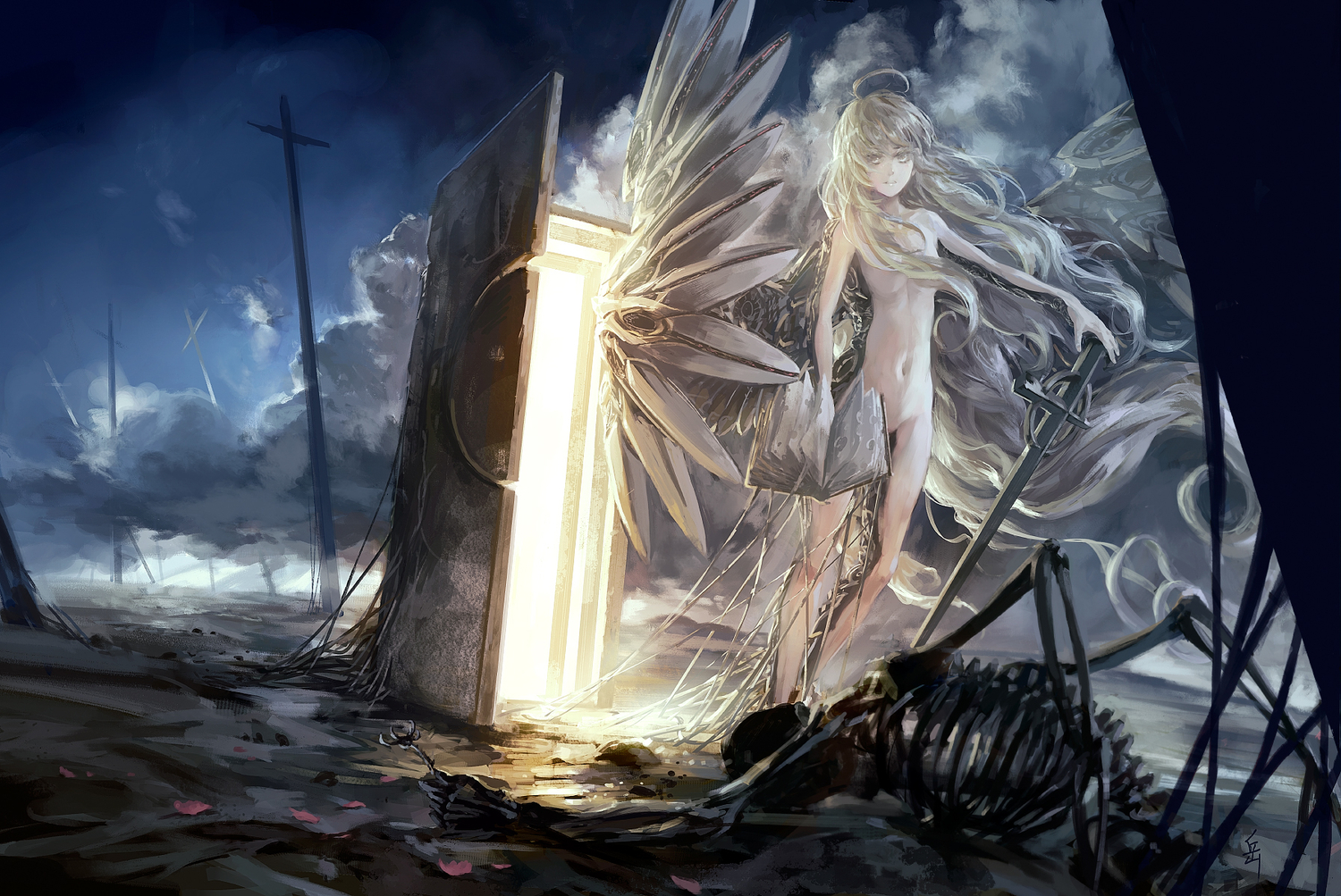 archlich, blonde_hair, book, clouds, cross, long_hair, navel, nude