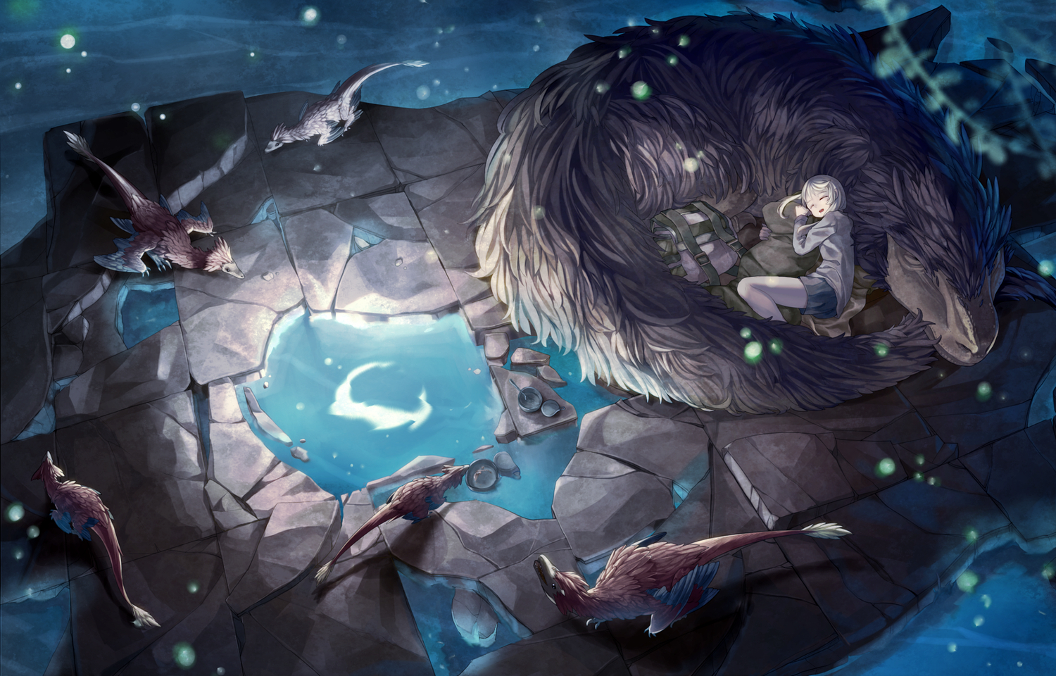 dragon, mizushirazu, moon, night, original, short_hair, sleeping, water, white_hair, wings