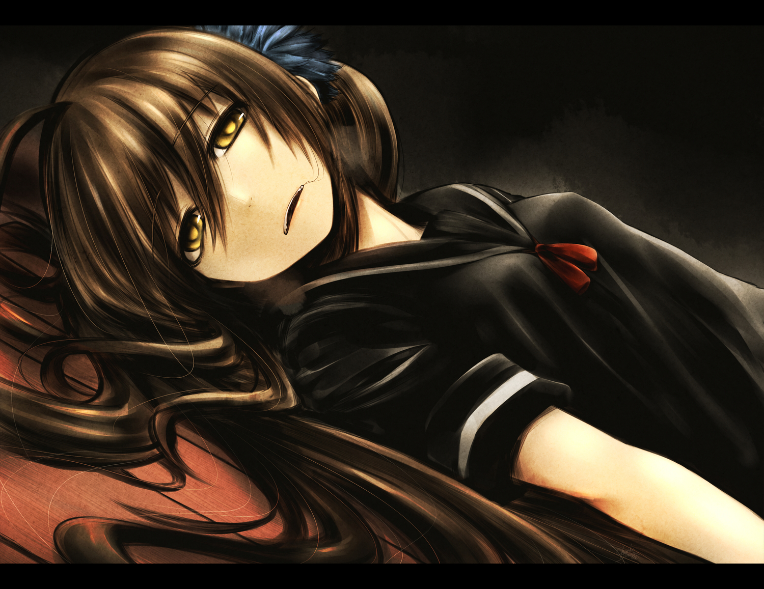 brown_hair, chankodining_waka, long_hair, original, school_uniform, signed, yellow_eyes