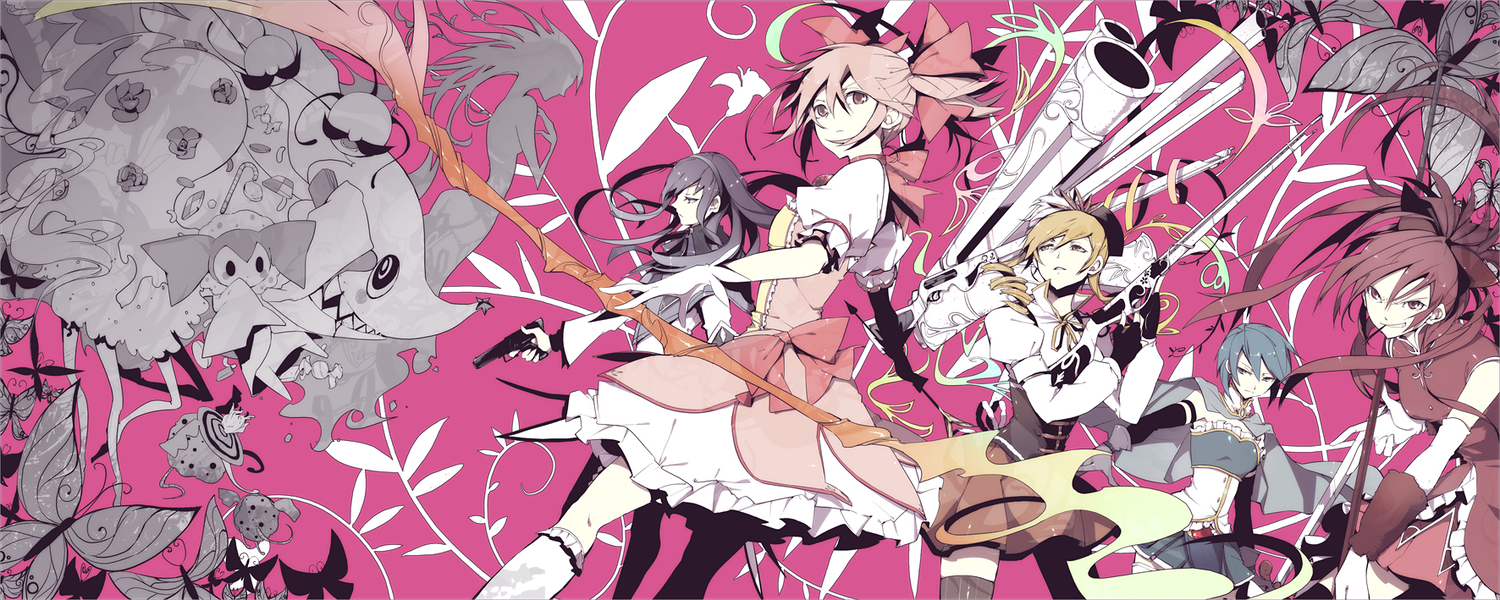 35_(pixiv), akemi_homura, blonde_hair, blue_eyes, blue_hair, bow, bow_(weapon), butterfly, candy, cape, charlotte_(mahou_shoujo_madoka_magica), dress, gun, hat, kaname_madoka, mahou_shoujo_madoka_magica, miki_sayaka, pink_eyes, pink_hair, purple_eyes, purple_hair, red_eyes, red_hair, ribbons, sakura_kyouko, spear, sword, tomoe_mami, weapon, yellow_eyes