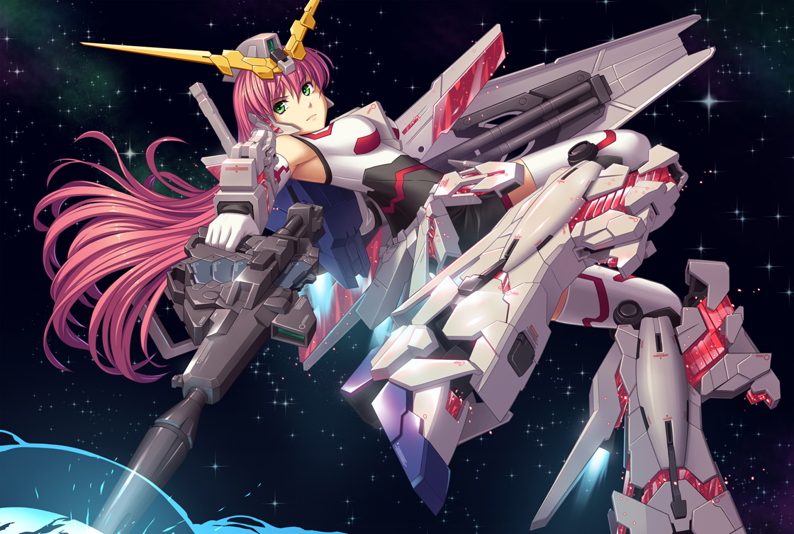 athrun1120, green_eyes, gun, long_hair, mechagirl, mobile_suit_gundam, mobile_suit_gundam_unicorn, night