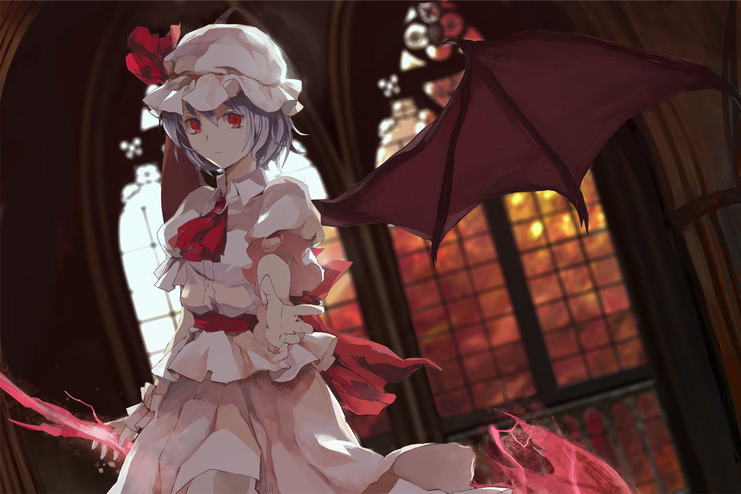 blue_hair, dress, red_eyes, remilia_scarlet, spear, touhou, vampire, weapon, wings, yoyo