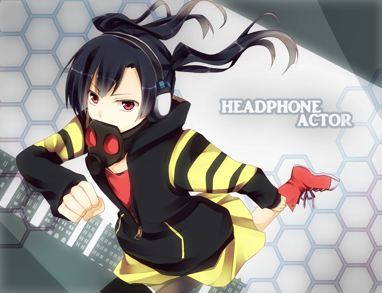 black_hair, enomoto_takane, haumizuki, headphone_actor_(vocaloid), headphones, kagerou_project, mask, red_eyes, twintails, vocaloid
